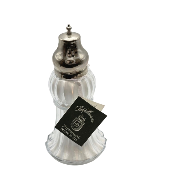 Vintage Lady Primrose Dusting Silk Powder Shaker glass and silver Muffineer